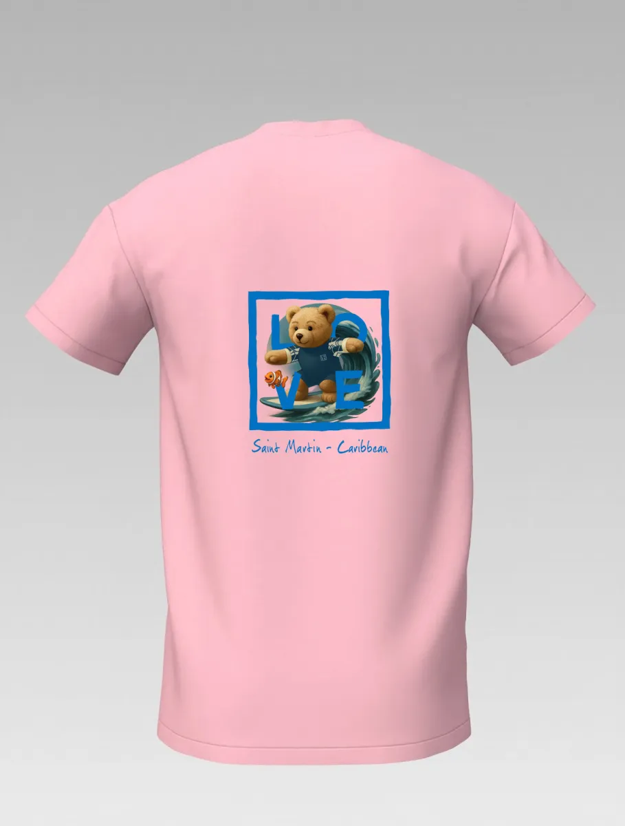 Kid’s T-shirt  – cotton & spandex – Plain Pink Signature Saint-Martin - Bear riding a surf board on the waves