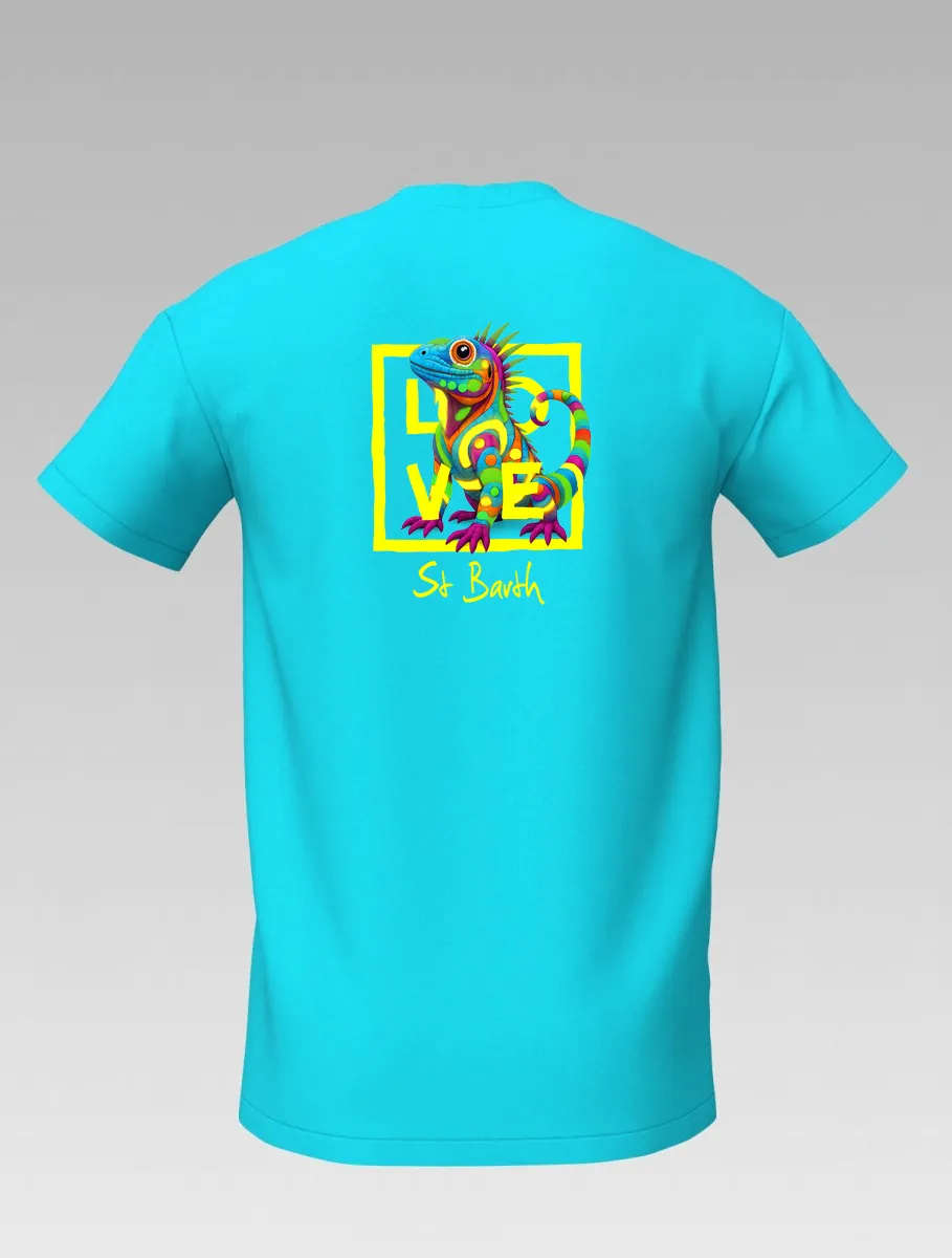 Kids’ turquoise T-shirt – Cotton and elastane – Iguana of St. Barth San Martin – LOVE Children’s Edition-