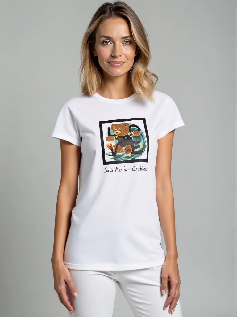 LOVE Women's T-shirt White– "Surfing Teddy" Model I Love Collection