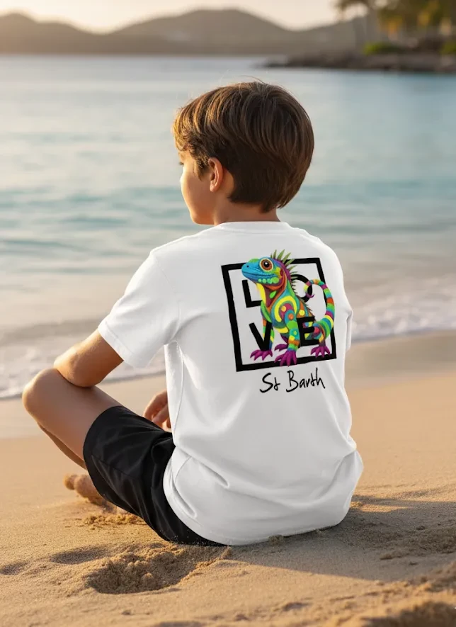 White Kids T-Shirt – Cotton & Spandex – Signature Saint Martin – LOVE Iguana Edition