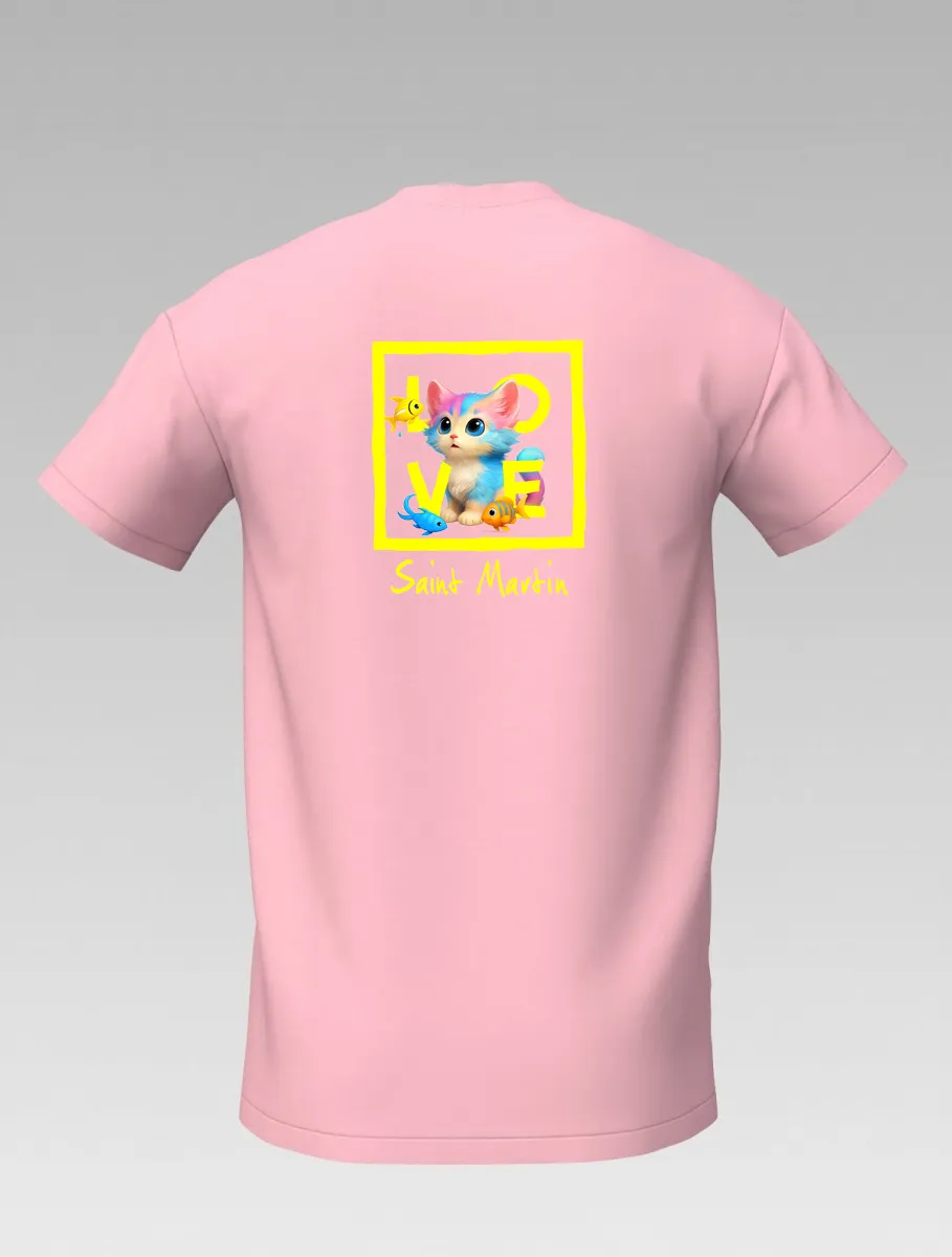 Pink Kids’ T-shirt – Playful Cat and Fish – St Martin Signature – LOVE Edition