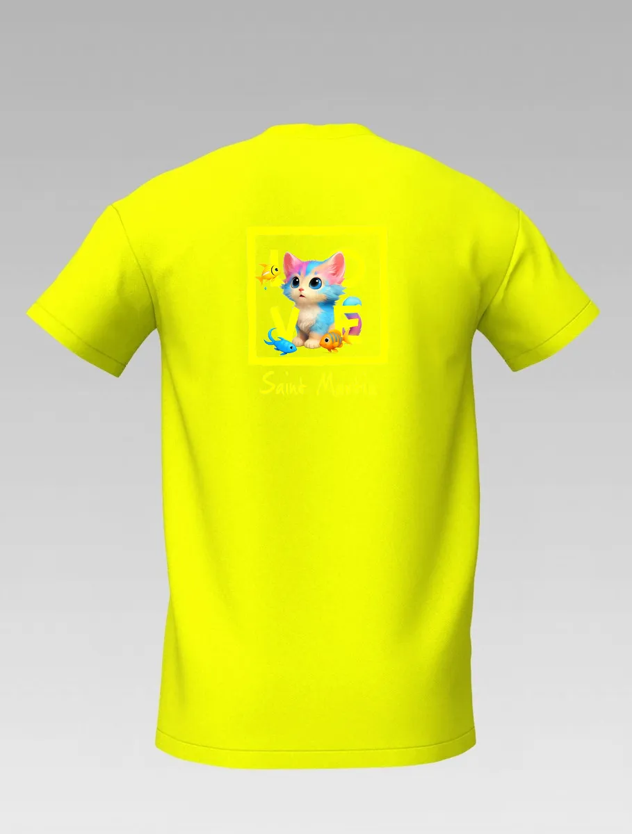 Yellow Kids’ T-shirt – Playful Cat and Fish – St Martin Signature – LOVE Edition