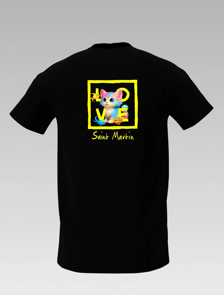 Black Kids’ T-shirt – Playful Cat and Fish – St Martin Signature – LOVE Edition
