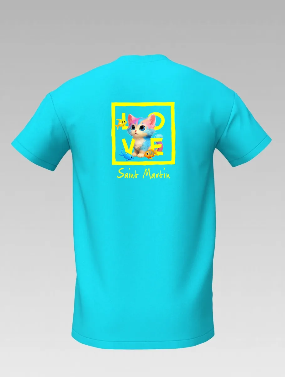 Blue Kids’ T-shirt “Caribbean Sky” – Playful Cat and Fish – St Martin Signature – LOVE Edition