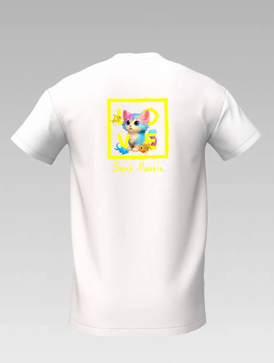 White Kids’ T-shirt – Playful Cat and Fish – St Martin Signature – LOVE Edition