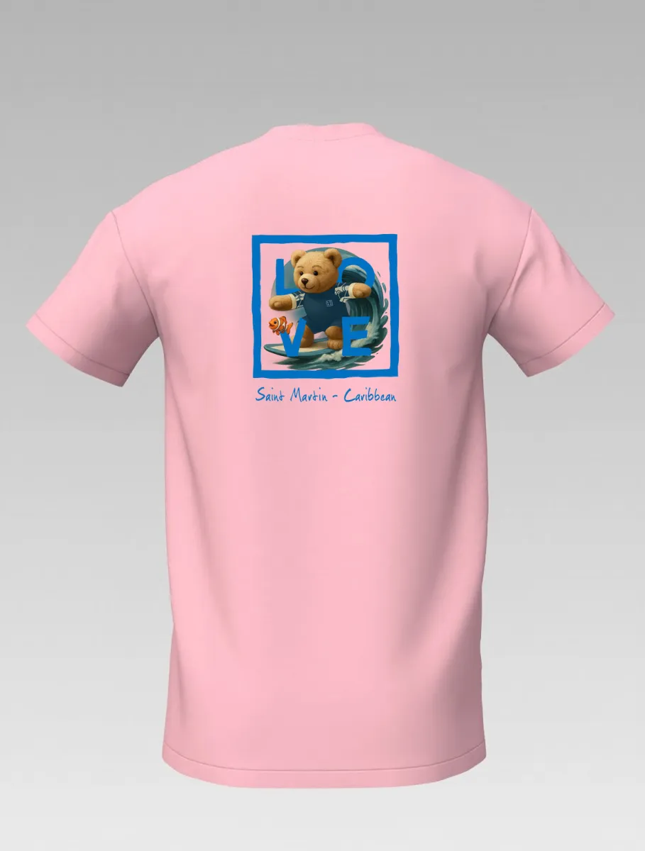 Pink Kids’ T-shirt – Surfing Bear – Signature St Martin – LOVE Edition