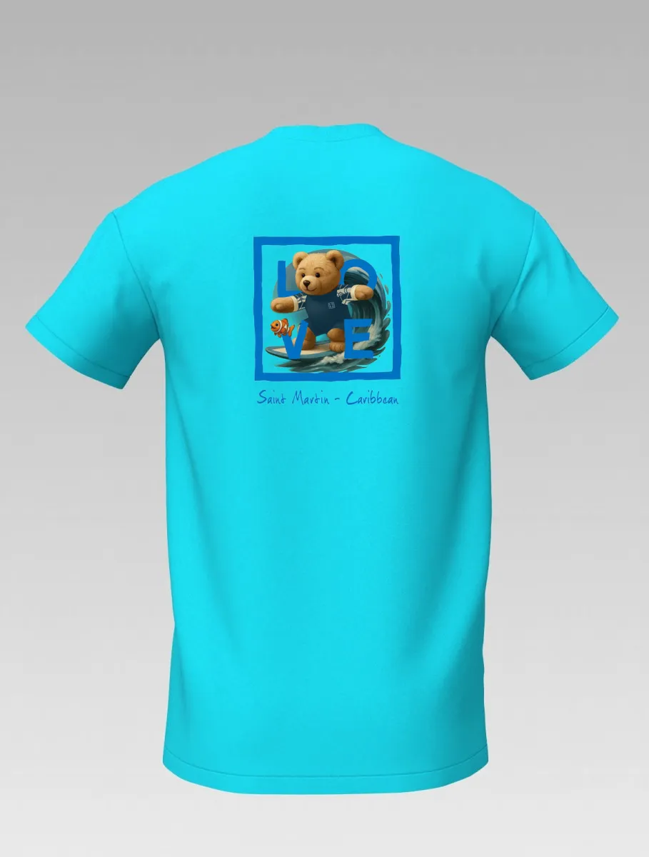 Turquoise Kids’ T-shirt – Surfing Bear – Signature St Martin – LOVE Edition