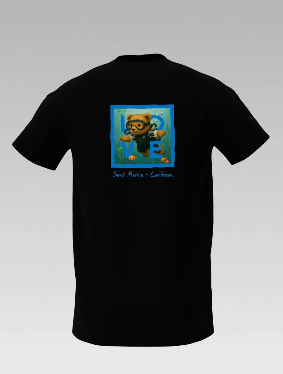 Kid’s Black T-Shirt – Diving Bear “The Bear’s Underwater Adventure” – Signature St Martin – LOVE Edition